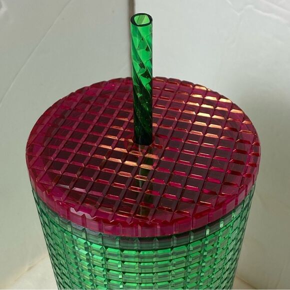 Starbucks New With Tags Green Grid 24oz Tumbler Pink Lid - Picture 3 of 4